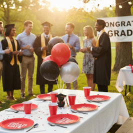 Plato De Papel Fiesta de Graduación Rojo y Blanco Personalizable