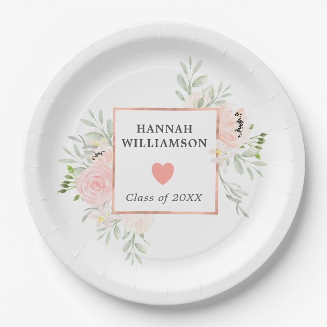 Plato De Papel Fiesta de graduación Rubor Pink Rose Floral (Anverso)