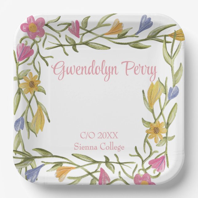 Plato De Papel Fiesta de graduación universitaria floral boho (Anverso)