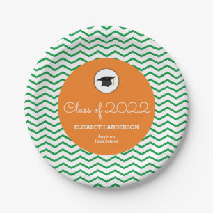 Plato De Papel Fiesta de Graduación Verde y Naranja