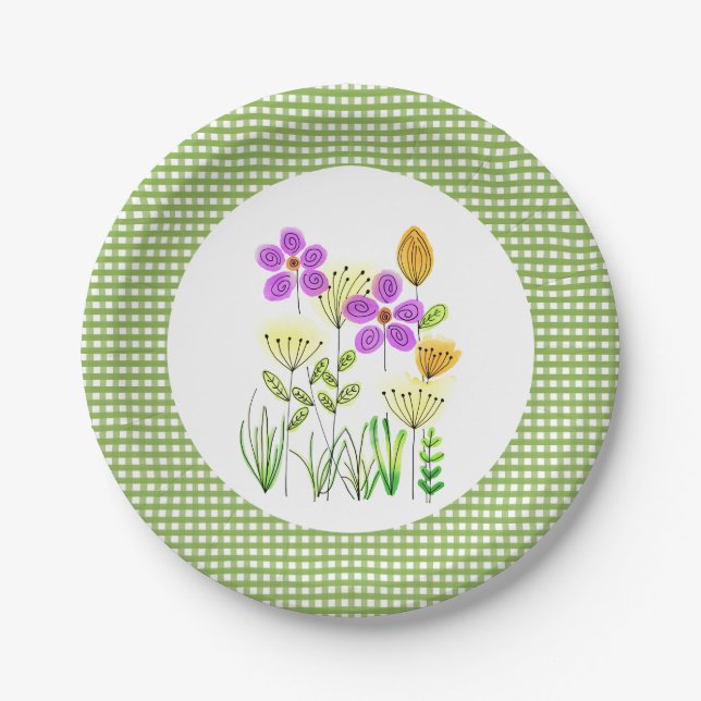 Plato De Papel Fiesta de Green Gingham y WildFlores (Anverso)