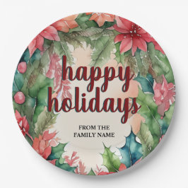 Plato De Papel Fiesta de guirnaldas verdes y poinsettia roja
