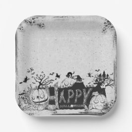 Plato De Papel Fiesta de Halloween Black and White Happy