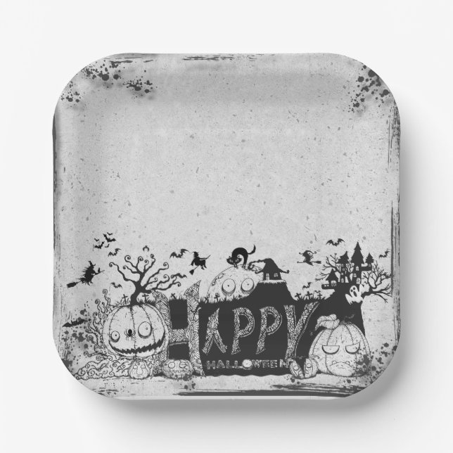 Plato De Papel Fiesta de Halloween Black and White Happy (Anverso)