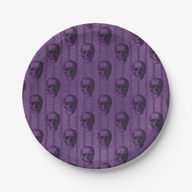Plato De Papel Fiesta de Halloween con calaveras moradas (Anverso)