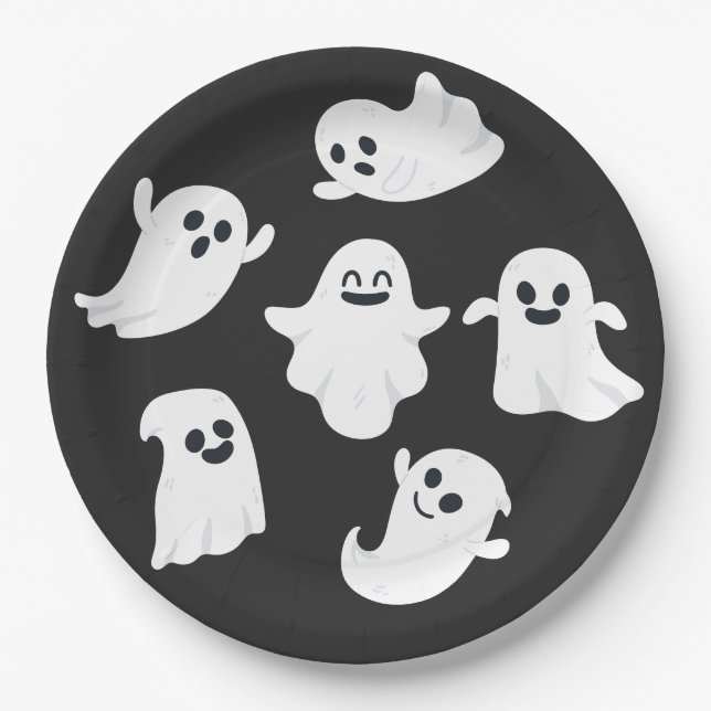 Plato De Papel Fiesta de Halloween con ghost blanco y negro (Anverso)