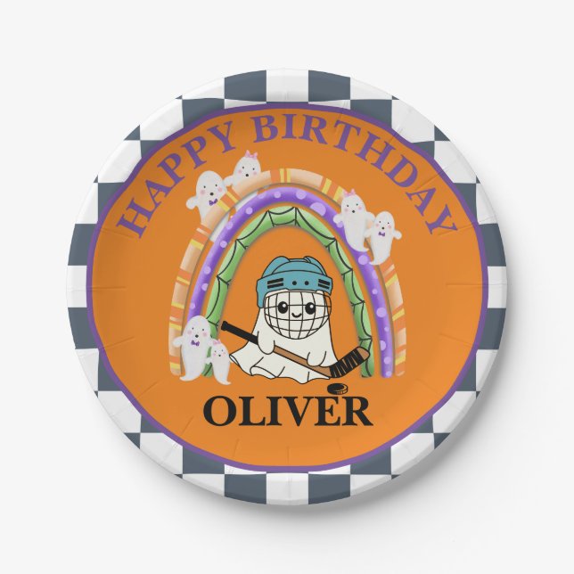 Plato De Papel Fiesta de Halloween Cute Ghost Ice Hockey (Anverso)