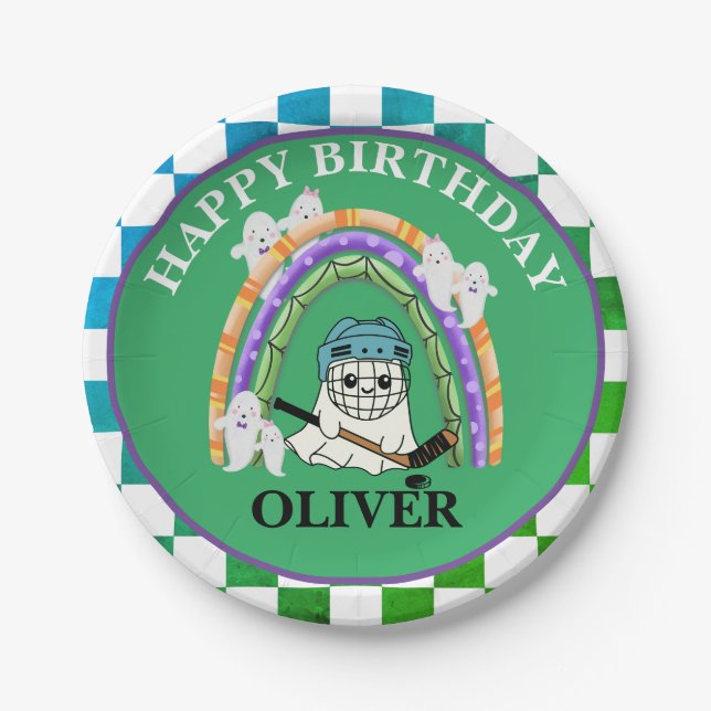 Plato De Papel Fiesta de Halloween Cute Ghost Ice Hockey (Anverso)