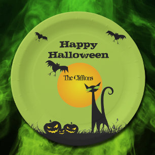 Plato De Papel Fiesta de Halloween de Gato Negro