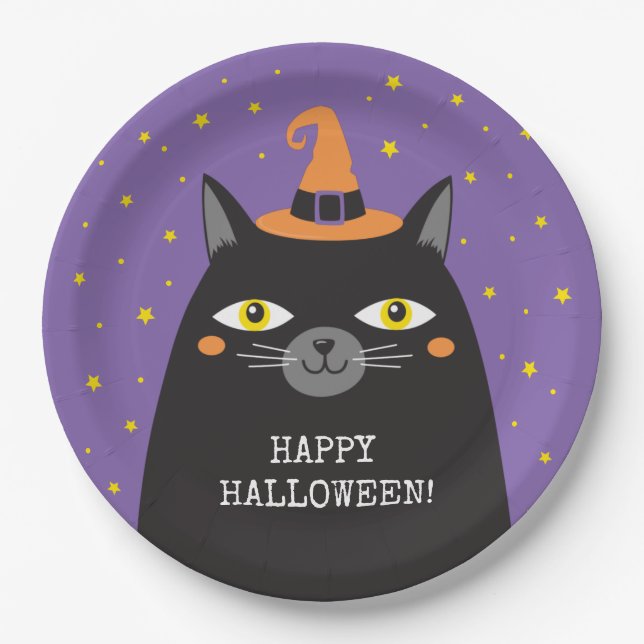 Plato De Papel Fiesta de Halloween de Gato Negro (Anverso)