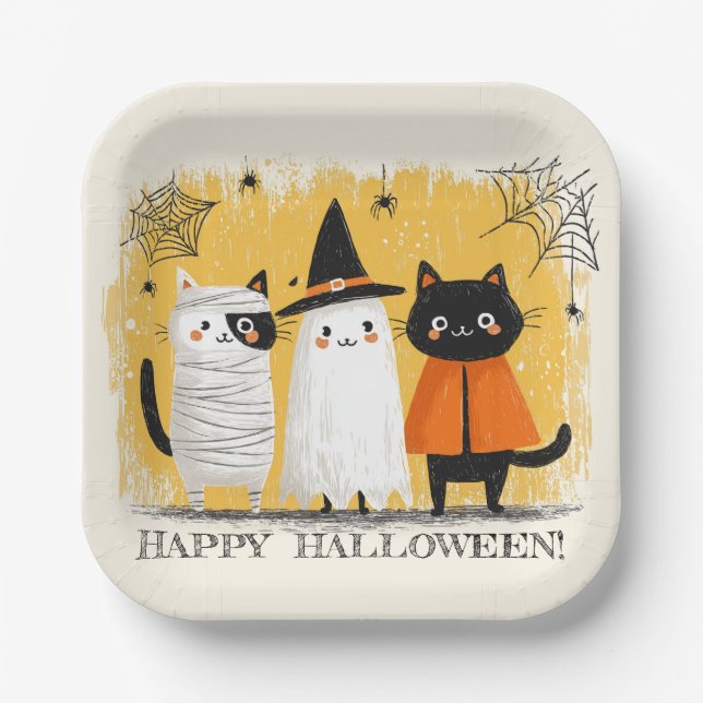 Plato De Papel Fiesta de Halloween de gatos adorables (Anverso)
