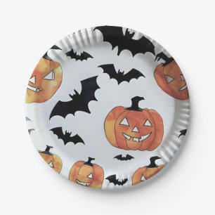 Plato De Papel Fiesta de Halloween de Murciélagos y Jack-O-Lanter