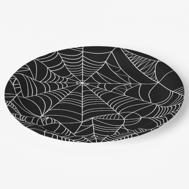 Plato De Papel Fiesta de Halloween de Spiderwebs blancas y negras (Angular)