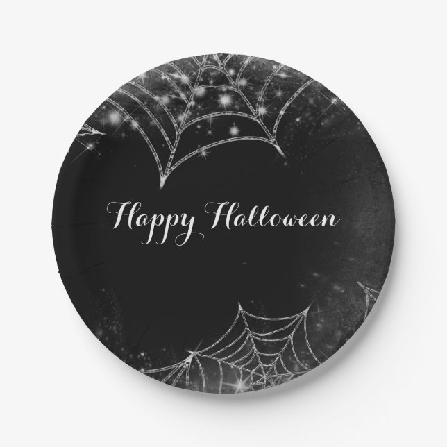 Plato De Papel Fiesta de Halloween de Telarañas Brillantes (Anverso)