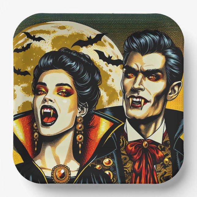 Plato De Papel Fiesta de Halloween de vampiros y murciélagos  (Anverso)