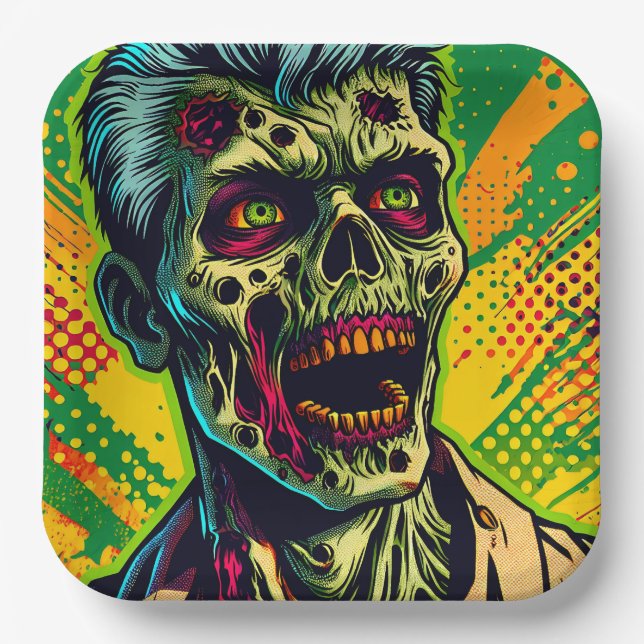 Plato De Papel Fiesta de Halloween de Zombies Espeluznantes (Anverso)