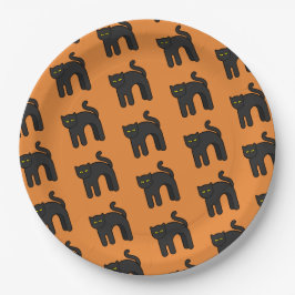 Plato De Papel Fiesta de Halloween del patrón de gato negro naran