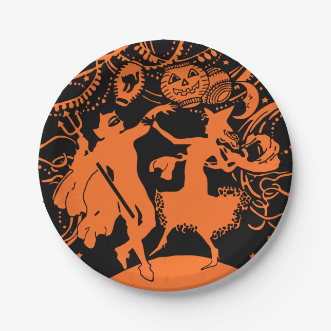 Plato De Papel Fiesta de Halloween del vintage (Anverso)