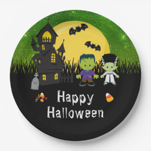 Plato De Papel Fiesta de Halloween Monstruos Verde