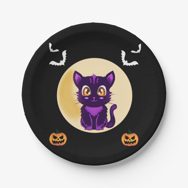 Plato De Papel Fiesta de halloween para los niños del gato Person (Anverso)