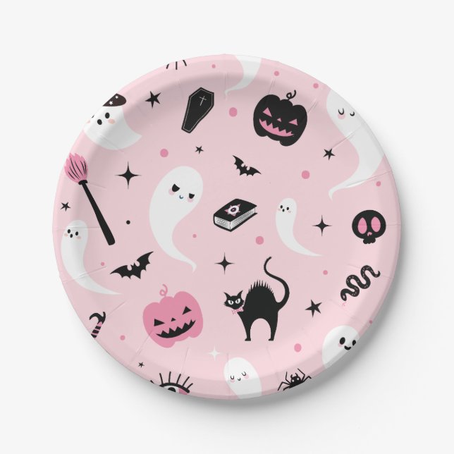 Plato De Papel Fiesta de Halloween Rosa (Anverso)