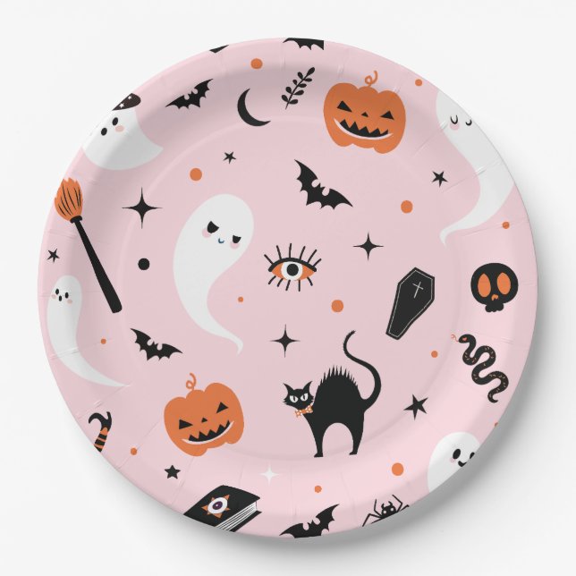 Plato De Papel Fiesta de Halloween Rosa (Anverso)