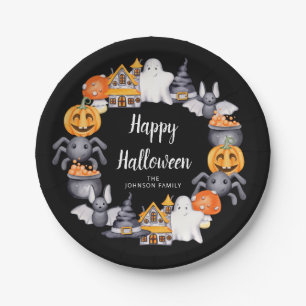 Plato De Papel Fiesta de Ilustracion Cute Black Happy Halloween