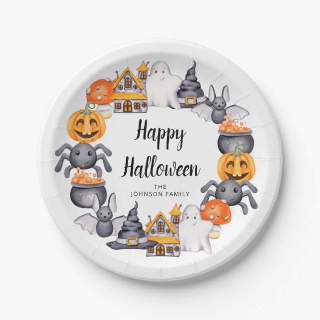 Plato De Papel Fiesta de Ilustracion Cute Happy Halloween (Anverso)