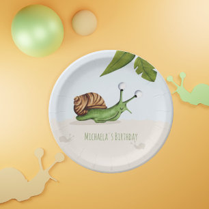 Plato De Papel Fiesta de Ilustracion de caracol verde marrón