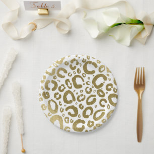 Plato De Papel Fiesta de impresión de Leopardo de Glam Blanco y O