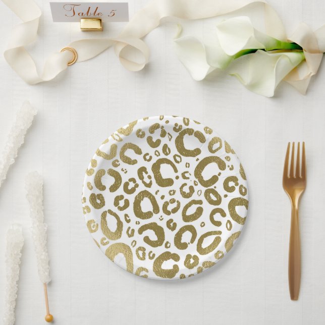 Plato De Papel Fiesta de impresión de Leopardo de Glam Blanco y O (Boda)