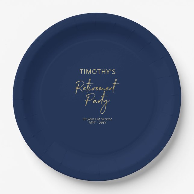 Plato De Papel Fiesta de Jubilación Moderna Gold & Navy Blue (Anverso)