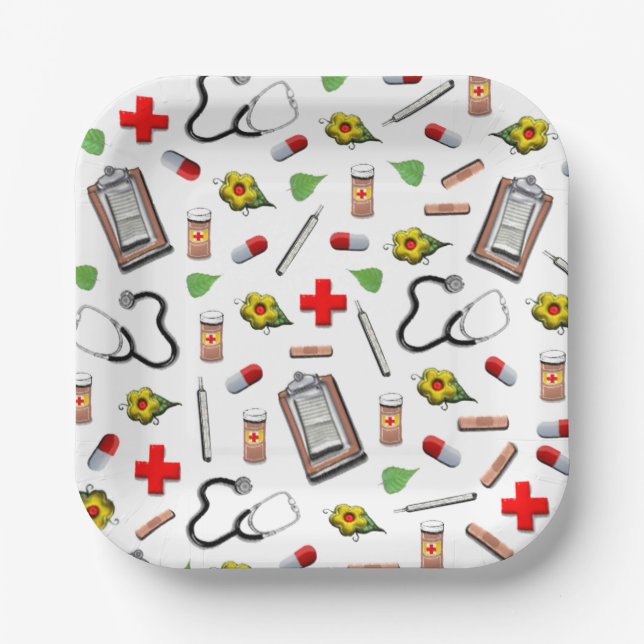 Plato De Papel Fiesta de Jubilación Temática Médica (Anverso)