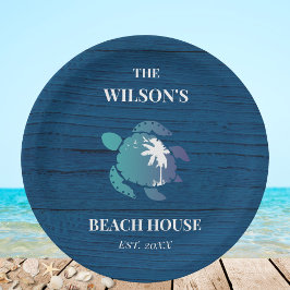 Plato De Papel Fiesta de la Casa de Playa de la Tortuga de Madera