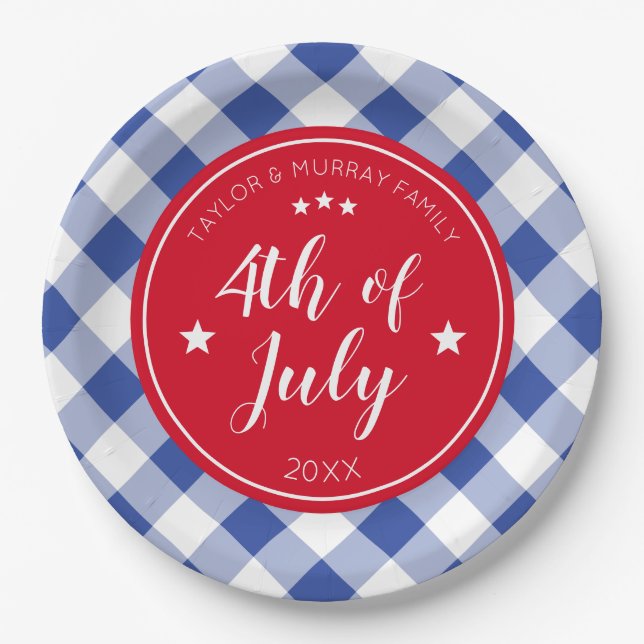 Plato De Papel Fiesta de la familia Checkered Blue Gingham 4 de j (Anverso)