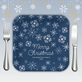 Plato De Papel Fiesta de la Marina Blue Snowflakes Navidades
