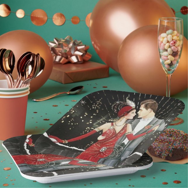 Plato De Papel fiesta de la pareja de navidad art deco retro vint (Multi)
