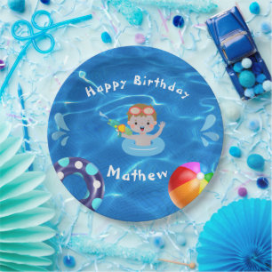Plato De Papel Fiesta de la piscina de cumpleaños Crystal Clear H