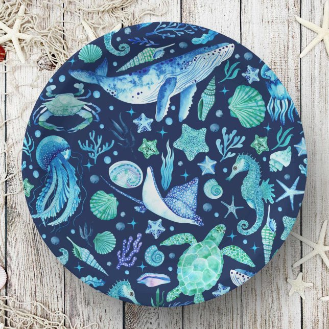 Plato De Papel Fiesta de la vida marina acuarela Blue Ocean Anima (Sea Life Party Watercolor Blue Ocean Animals Paper Plates)