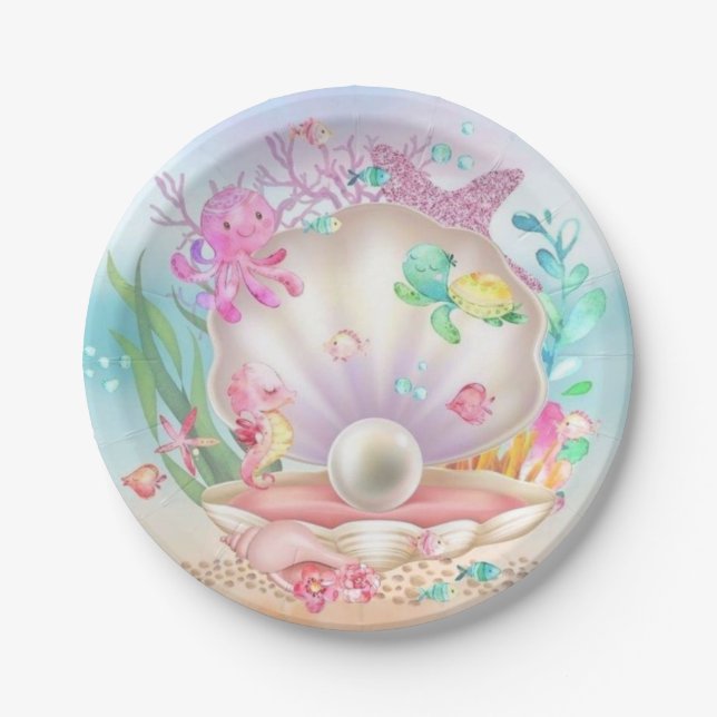 Plato De Papel Fiesta de las Aguas Marinas y Perlas (Anverso)