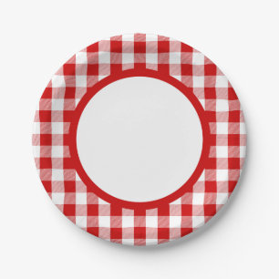 Plato De Papel Fiesta De Los Cheques Rojo Y Blanco De Gingham, Bo