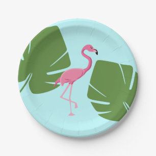Plato De Papel Fiesta de Luau Flamingo Rosado Tropical