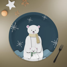 Plato De Papel Fiesta de Mamá Oso Polar Azul Marino con Bebé