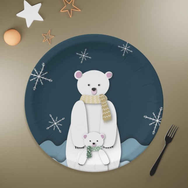 Plato De Papel Fiesta de Mamá Oso Polar Azul Marino con Bebé (Navy Blue White Polar Bear Mom with Baby Party Paper Plates)