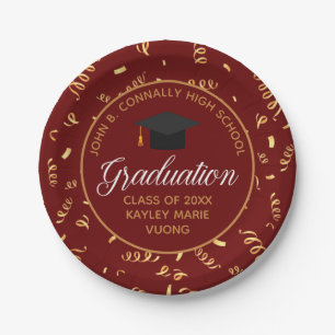 Plato De Papel Fiesta de Maroon Graduation Gold Streamers Persona