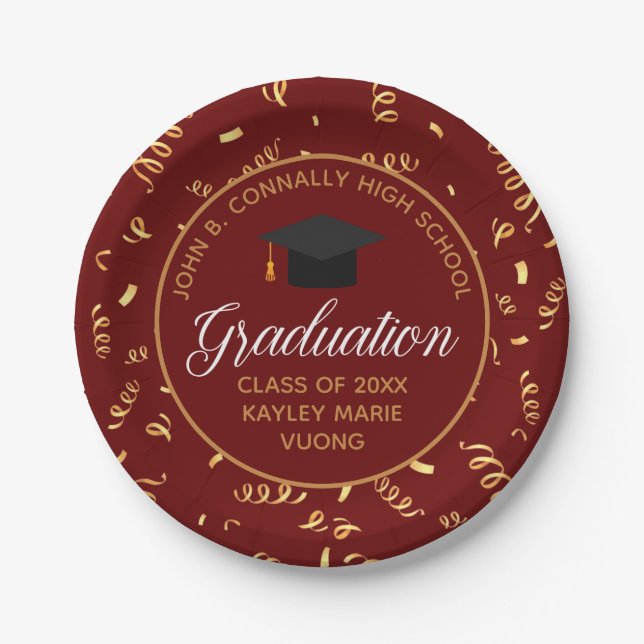 Plato De Papel Fiesta de Maroon Graduation Gold Streamers Persona (Anverso)