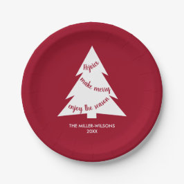 Plato De Papel Fiesta de Maroon White Christmas Name