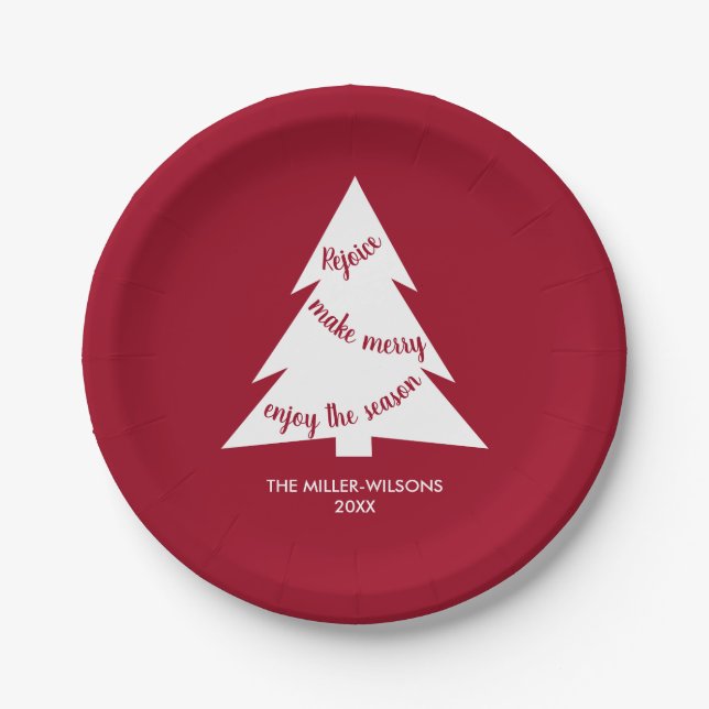 Plato De Papel Fiesta de Maroon White Christmas Name (Anverso)