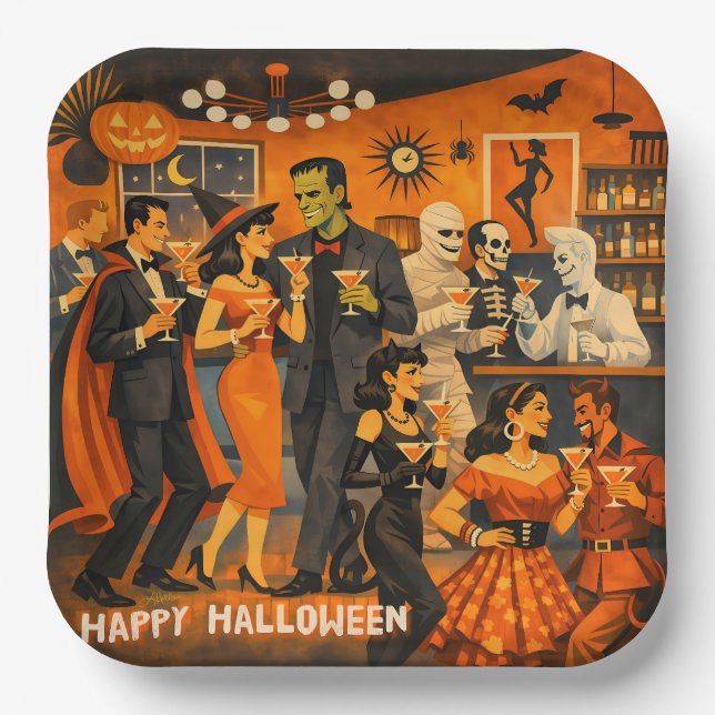 Plato De Papel Fiesta de Martini de Halloween Moderno de Mitad de (Anverso)