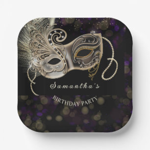 Plato De Papel Fiesta de Mascarada Personalizada Negra Dorada Púr